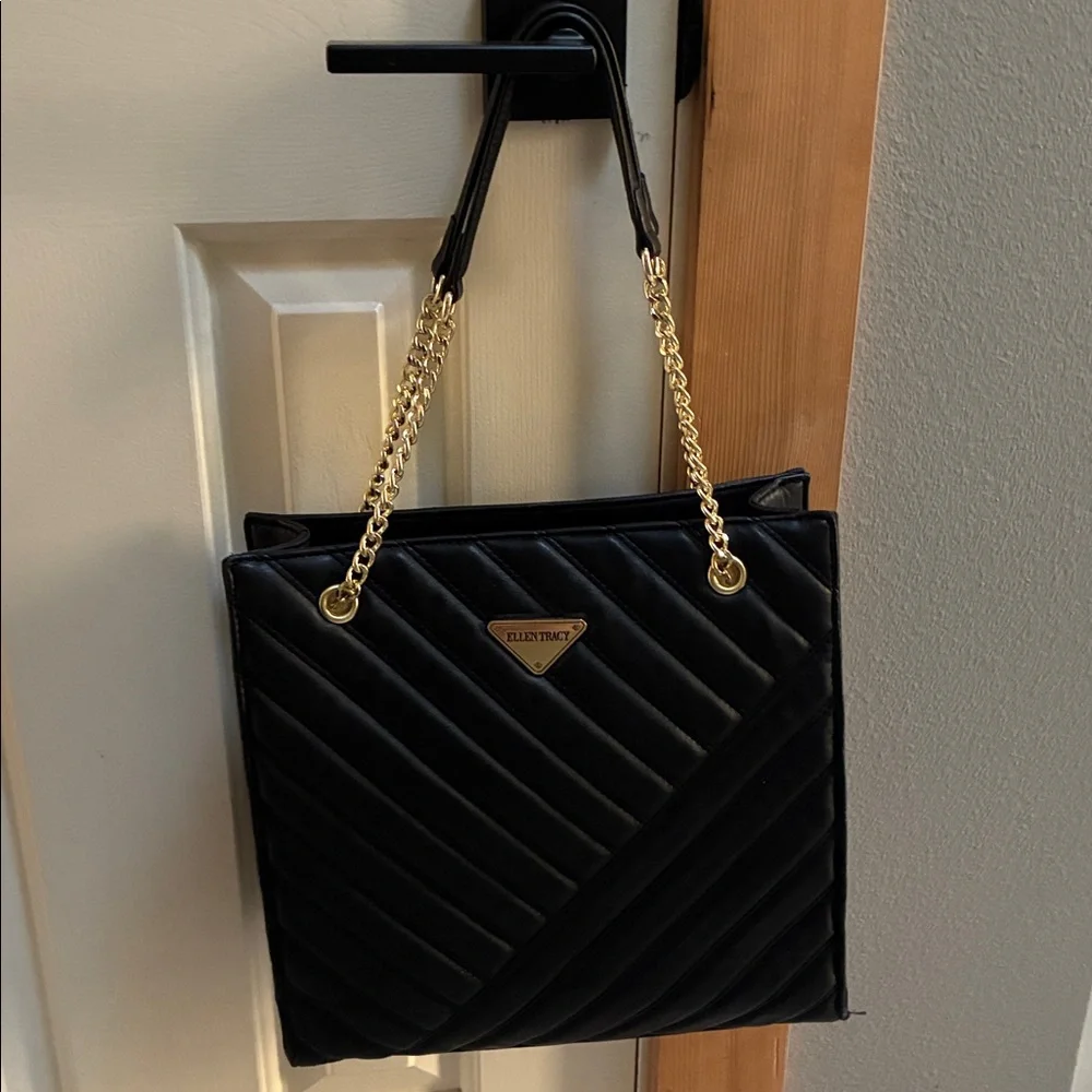 Ellen Tracy Black Quilted Crossbody Tote with Gold Chain